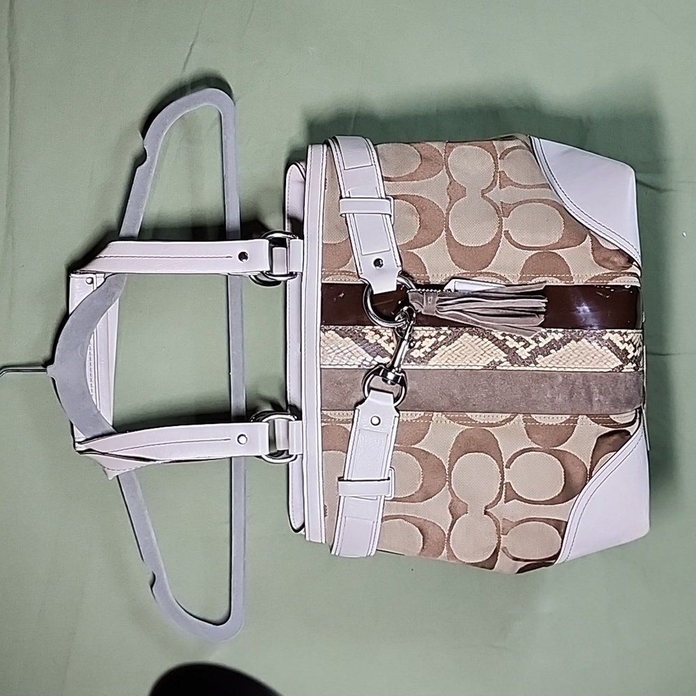 COPY - Coach Hamptons White Signature w Leather & Python Trim Silver hardware B…